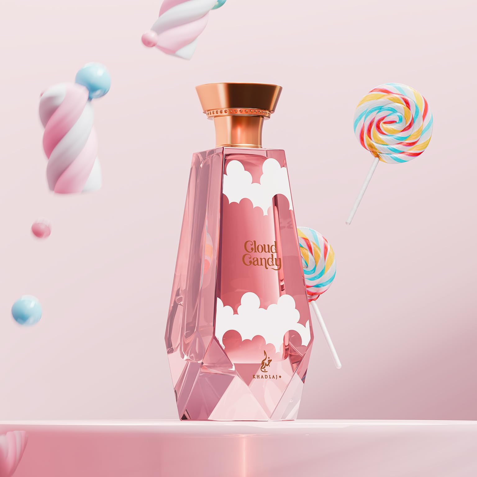 Khadlaj Cloud Candy fragrance notes image shows fruity to creamy transition for versatile wear.
