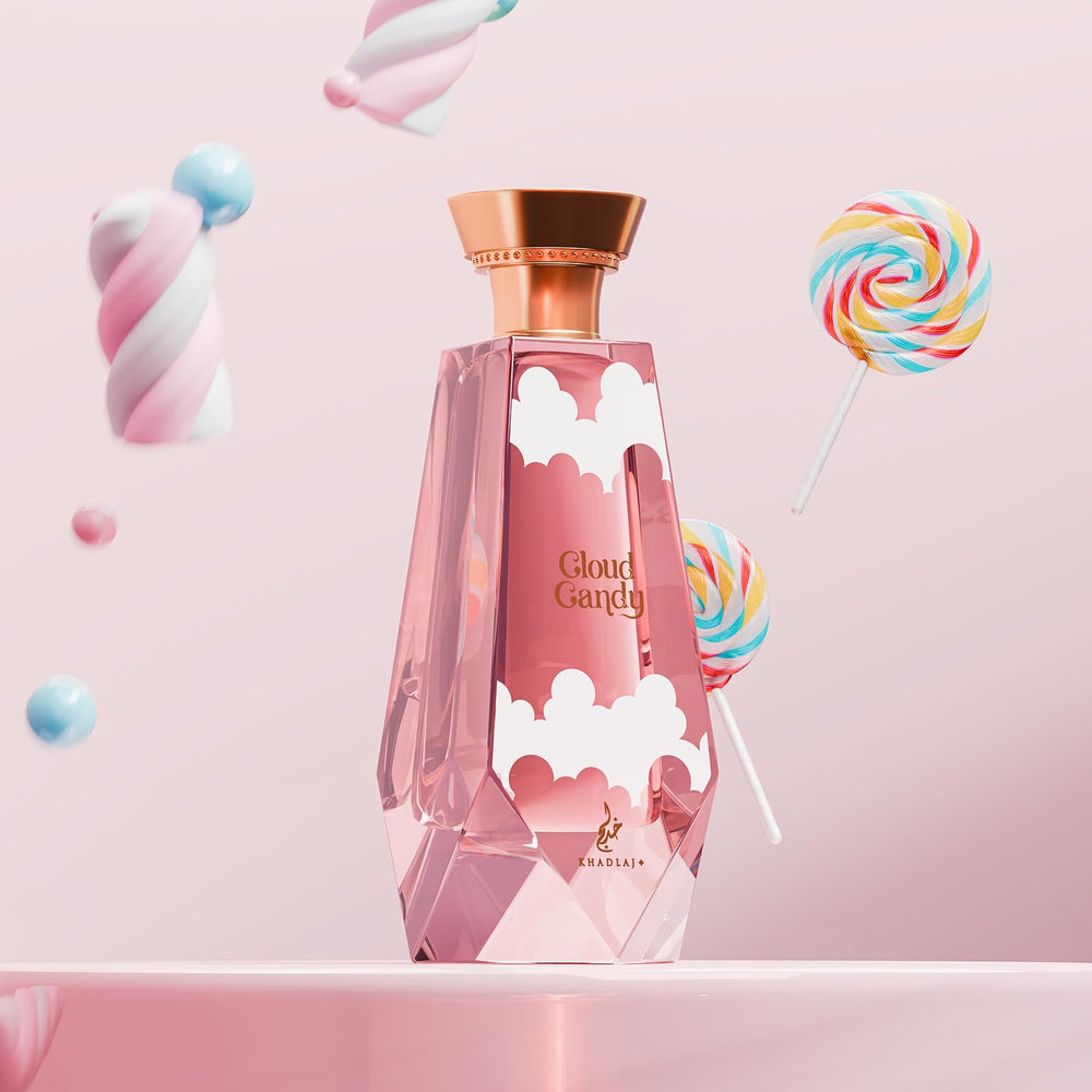Khadlaj Cloud Candy fragrance notes image shows fruity to creamy transition for versatile wear.