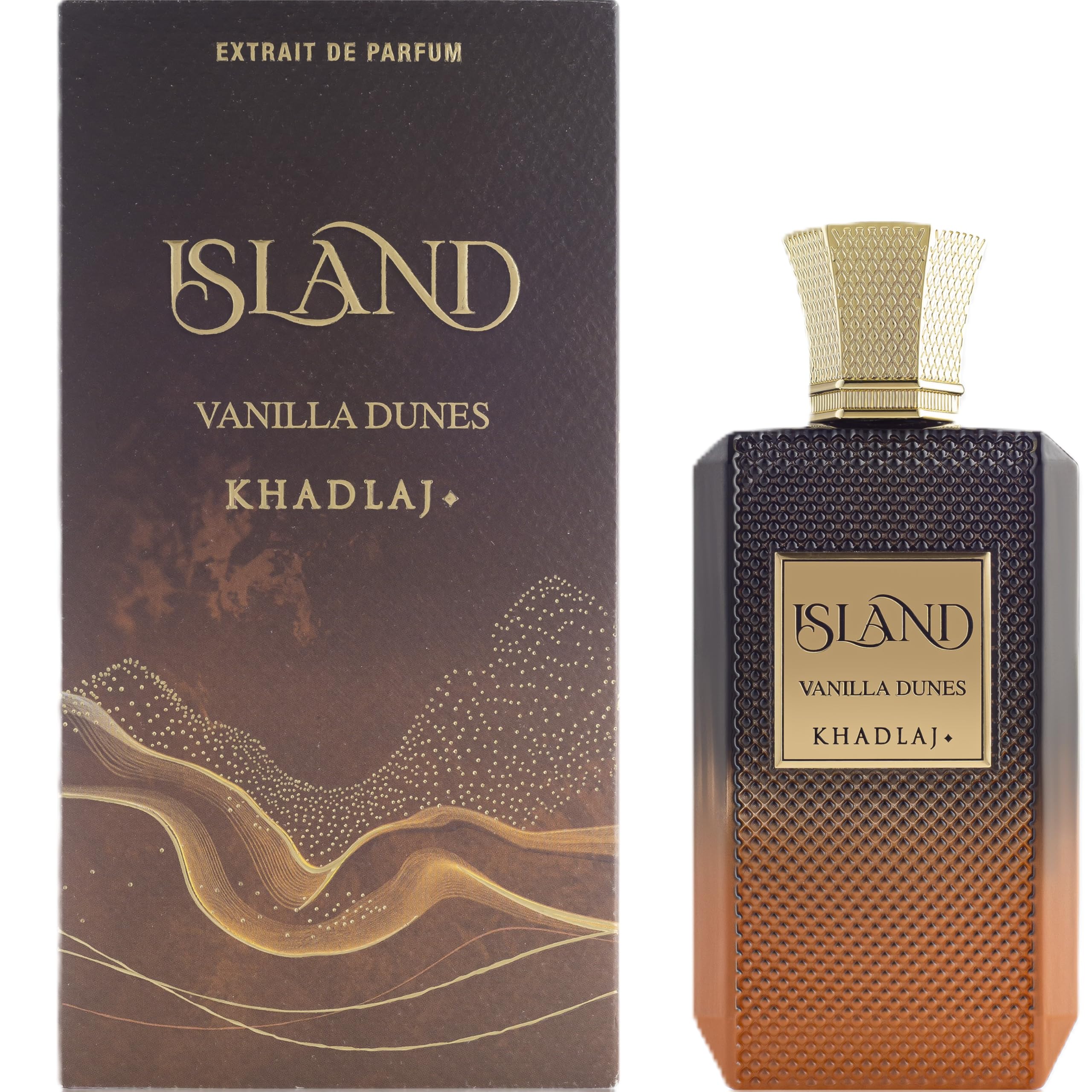 Khadlaj Island Vanilla Dunes bottle close-up reveals elegant label and warm, spicy-sweet notes.