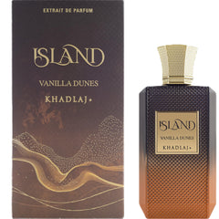 Khadlaj Island Vanilla Dunes bottle close-up reveals elegant label and warm, spicy-sweet notes.