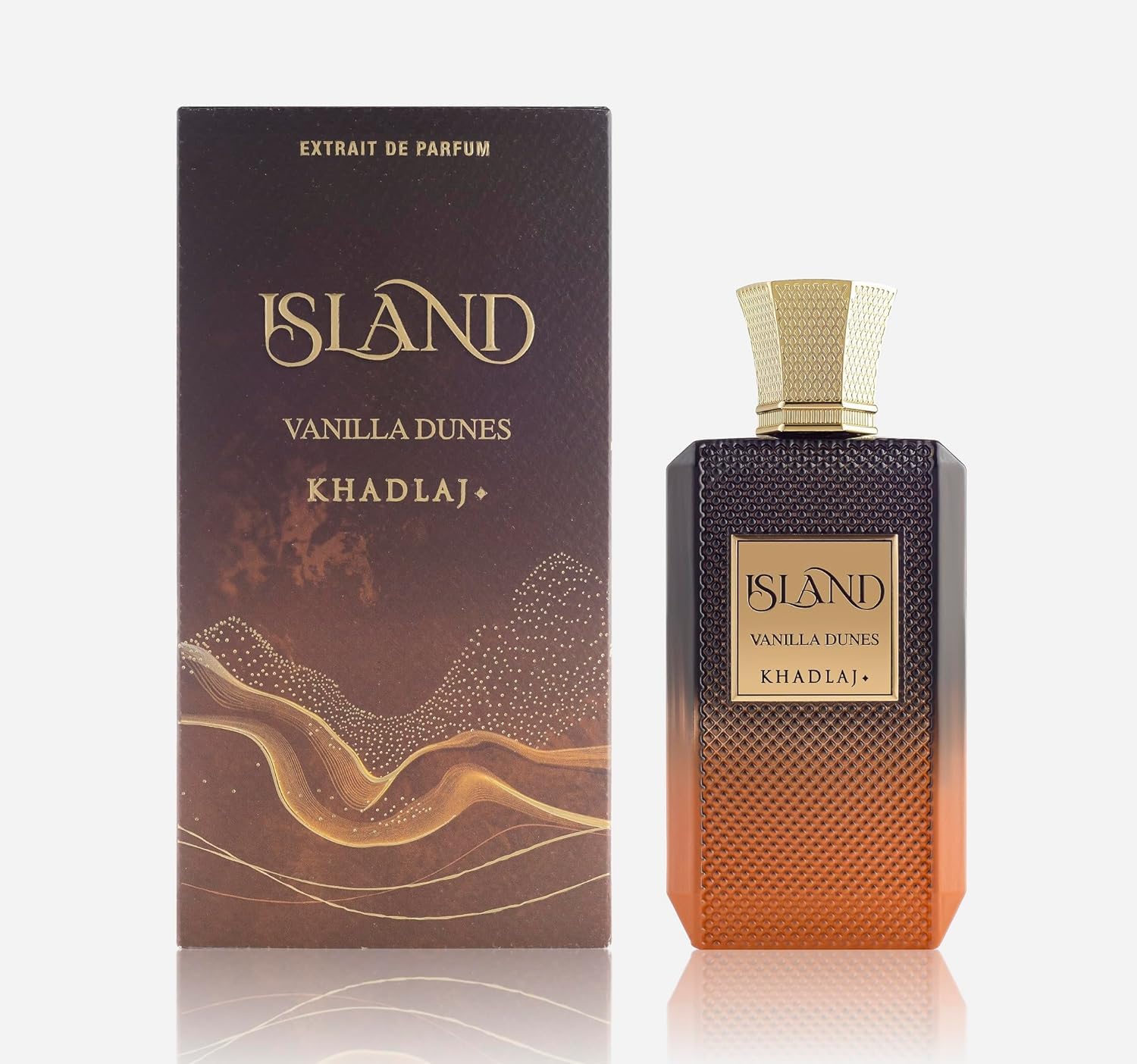 Khadlaj Island Vanilla Dunes bottle front view, vanilla-forward fragrance in focus.
