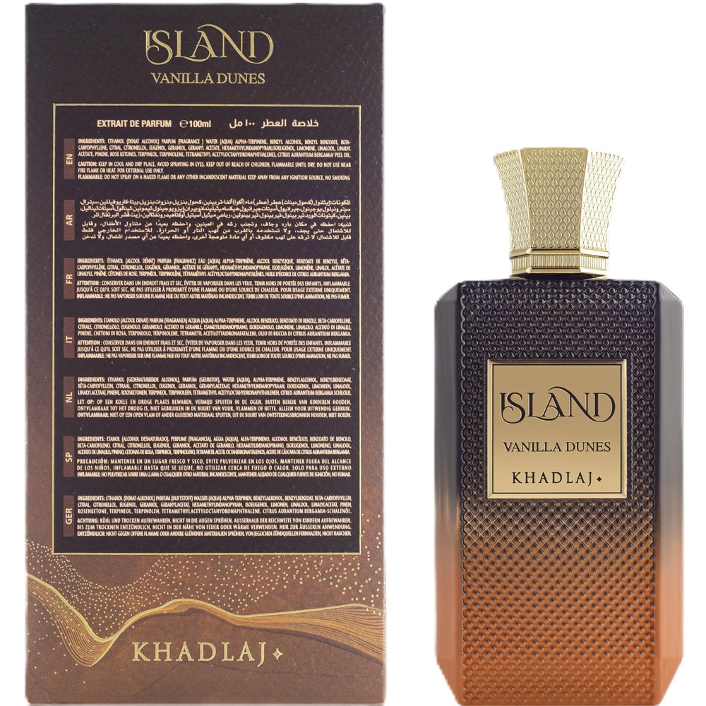 Khadlaj Island Vanilla Dunes packaging box signaling gifting-ready presentation and fragrance quality.