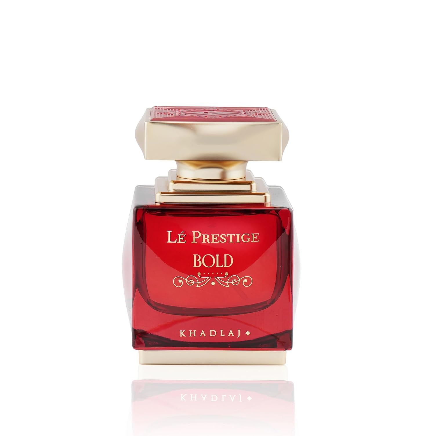 Khadlaj Lé Prestige Bold bottle closeup highlights luxe florals and a warm base.