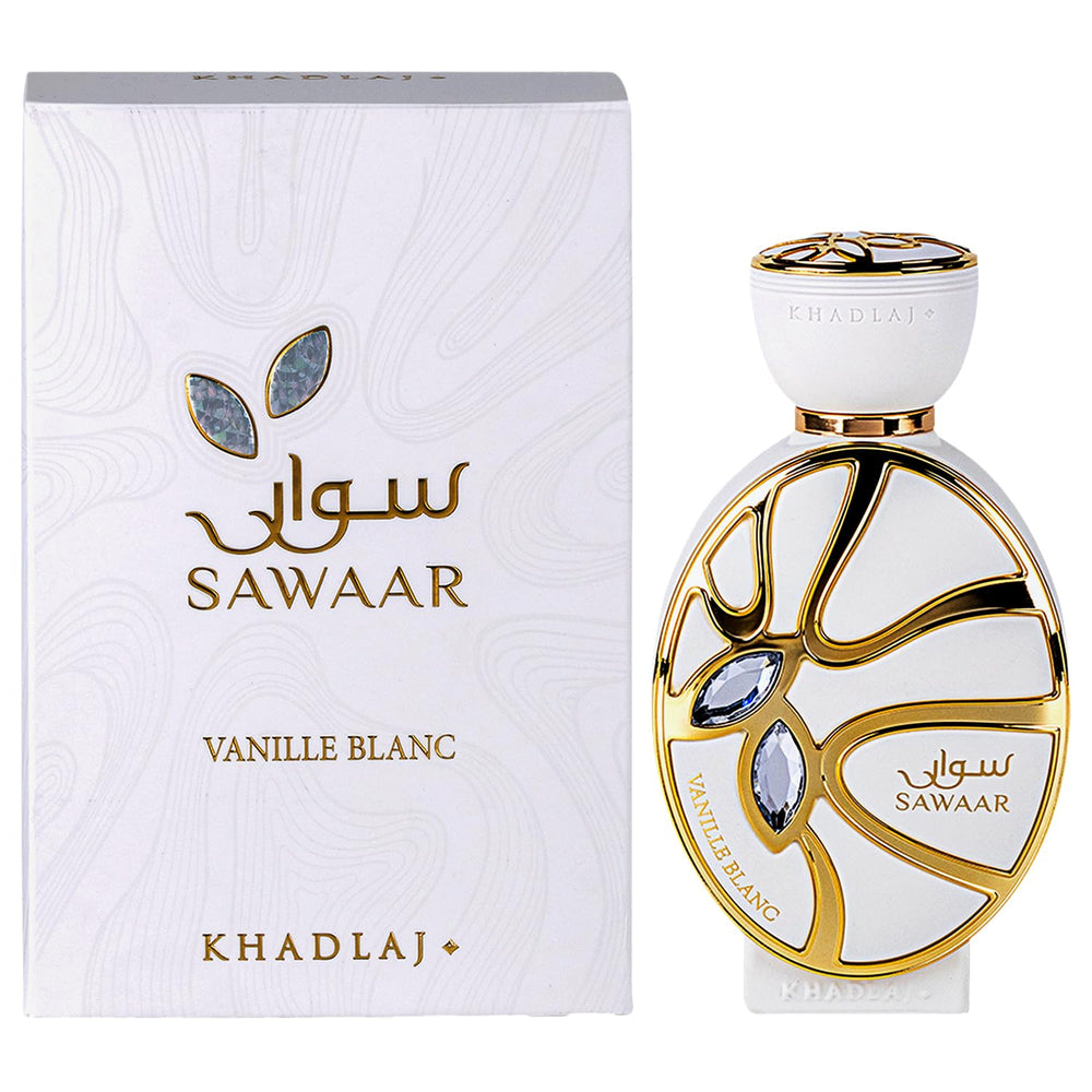 Khadlaj Sawaar Vanille Blanc packaging showcases luxe fragrance packaging for gifting
