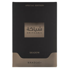 Khadlaj Shiyaaka Shadow bottle close-up suggests a contemporary unisex scent ideal for daily wear.