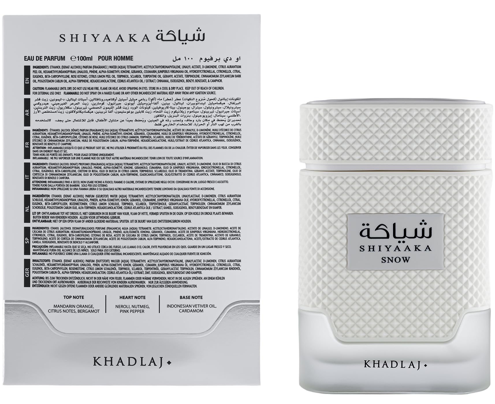 Khadlaj Shiyaaka Snow base notes feature vetiver and cardamom for lasting depth.