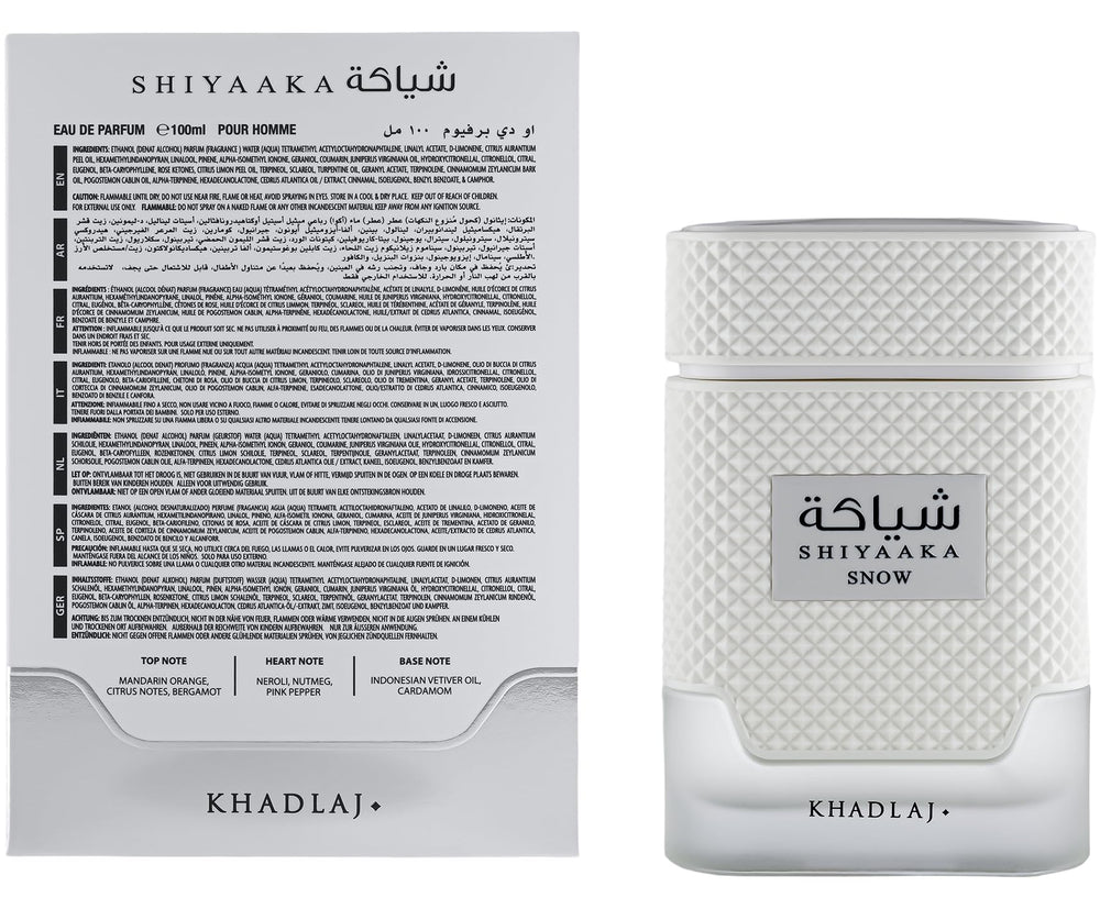 Khadlaj Shiyaaka Snow base notes feature vetiver and cardamom for lasting depth.