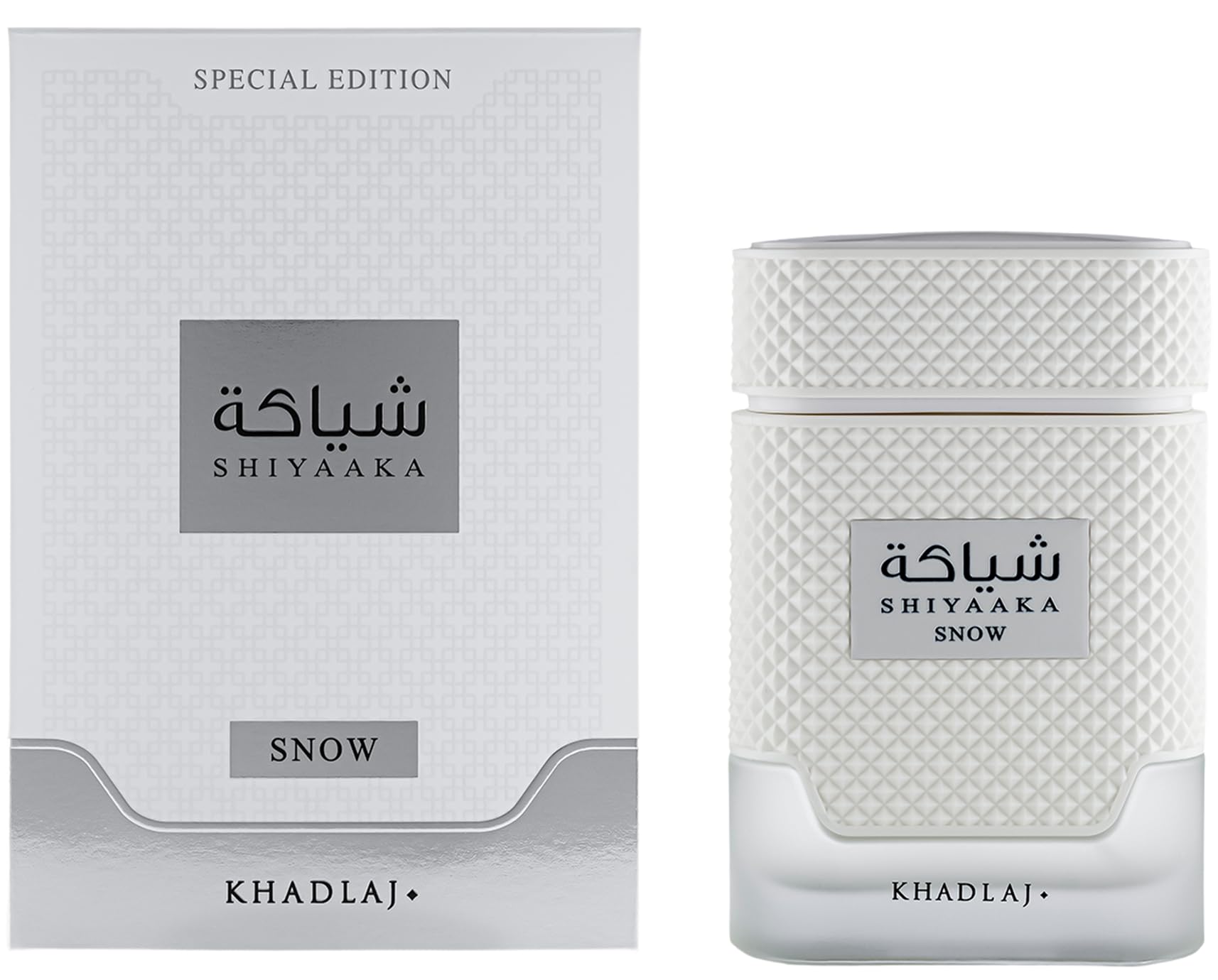 Khadlaj Shiyaaka Snow heart notes blend neroli and spice for a warm profile.