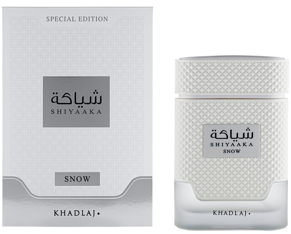 Khadlaj Shiyaaka Snow heart notes blend neroli and spice for a warm profile.