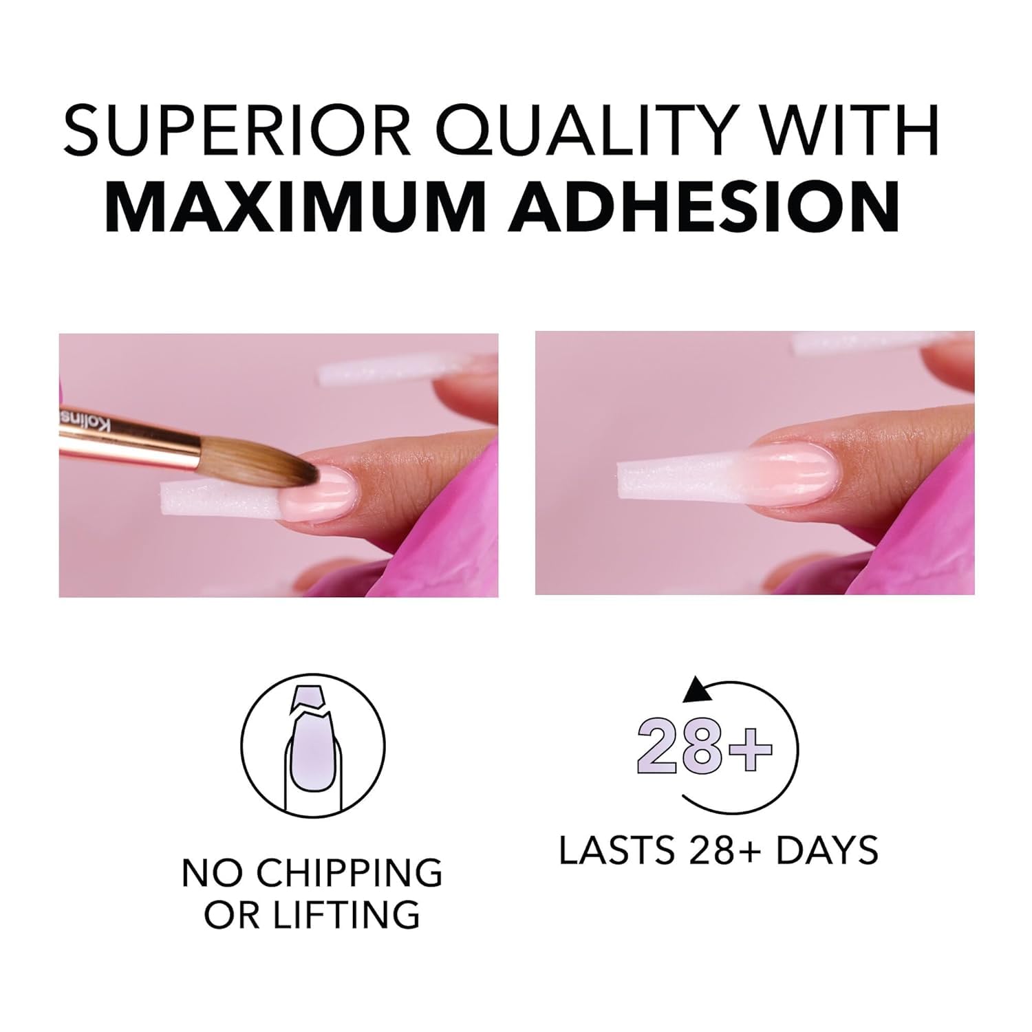 Kiara Sky EMA Monomer on a nail tip, illustrating bubble-free application potential.