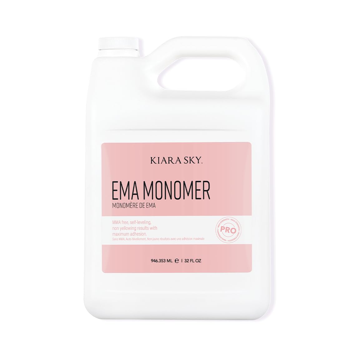 Kiara Sky EMA Monomer bottle close-up showing a clear, self-leveling liquid for smooth acrylics.