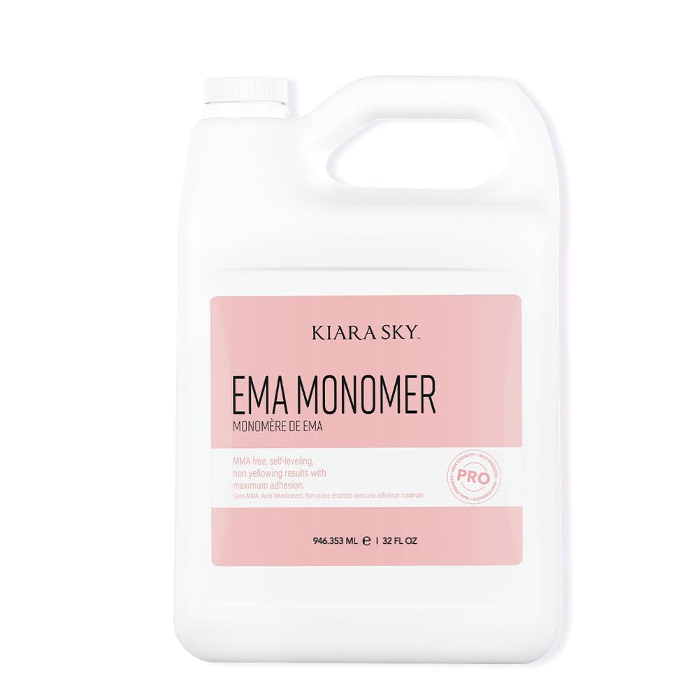 Kiara Sky EMA Monomer bottle close-up showing a clear, self-leveling liquid for smooth acrylics.