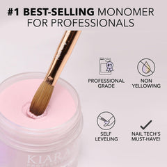 Kiara Sky EMA Monomer bottle pour demonstrates controlled flow for bubble-free acrylic mixes