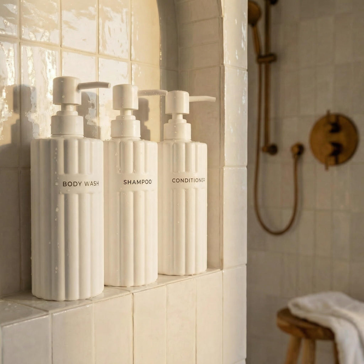 KIBAGA stylish shampoo dispenser 19oz with pump for easy daily use.