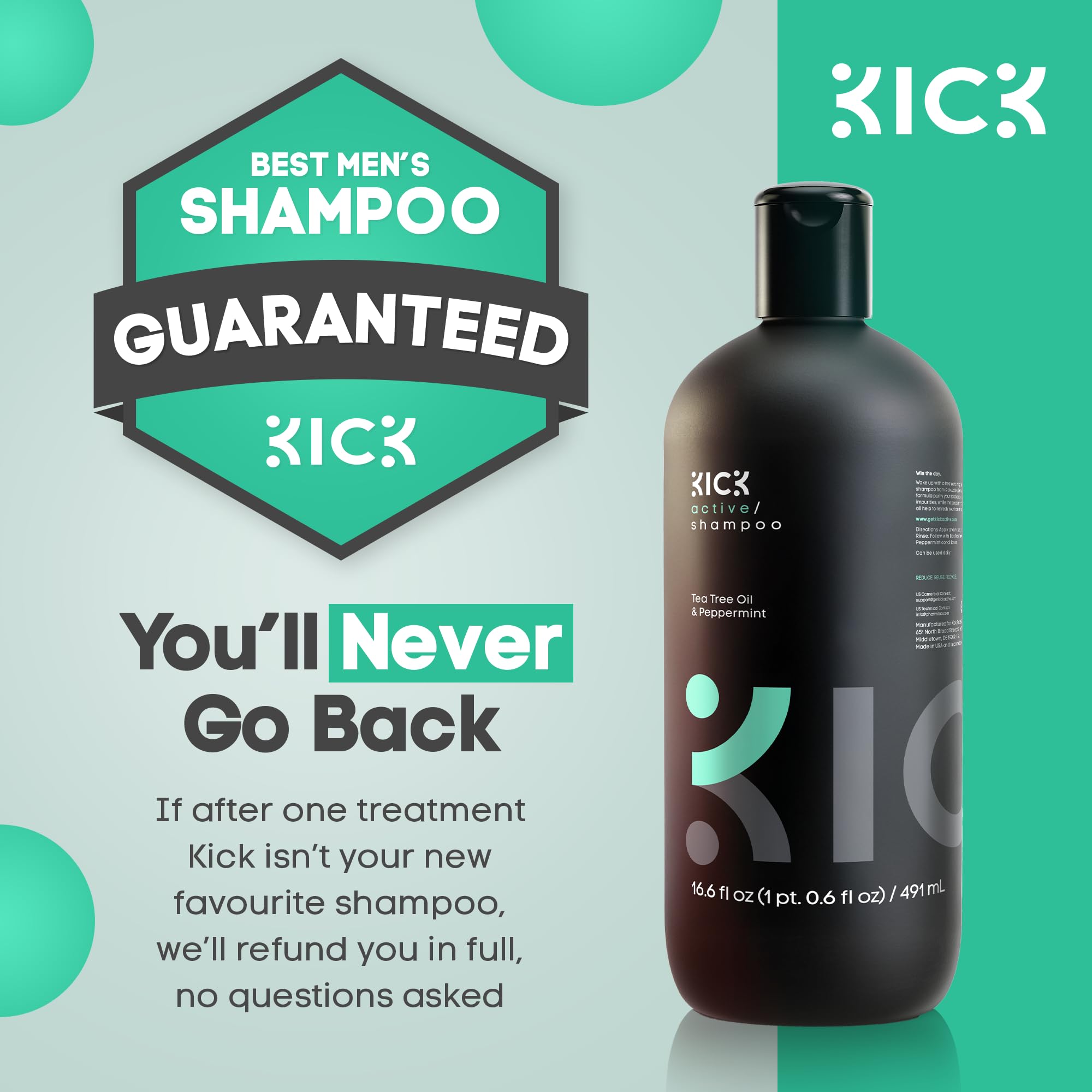 Kick Mens Shampoo bottle on sink suggests daily use for balanced scalp