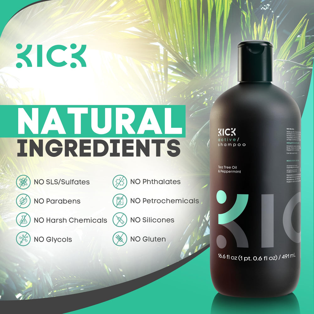 Kick Mens Shampoo tea tree infusion detail emphasizes scalp soothing properties