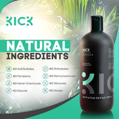 Kick Mens Shampoo tea tree infusion detail emphasizes scalp soothing properties