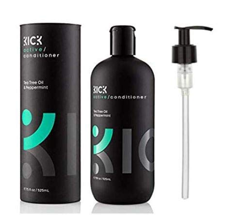 Kick Tea Tree Conditioner bottle on counter for refreshed scalp care.