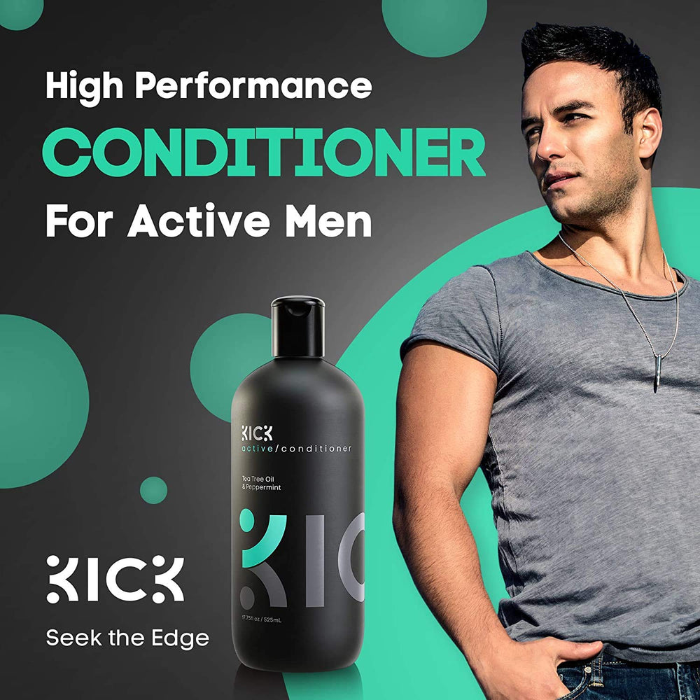 Kick Tea Tree Conditioner hands massaging scalp to promote circulation.