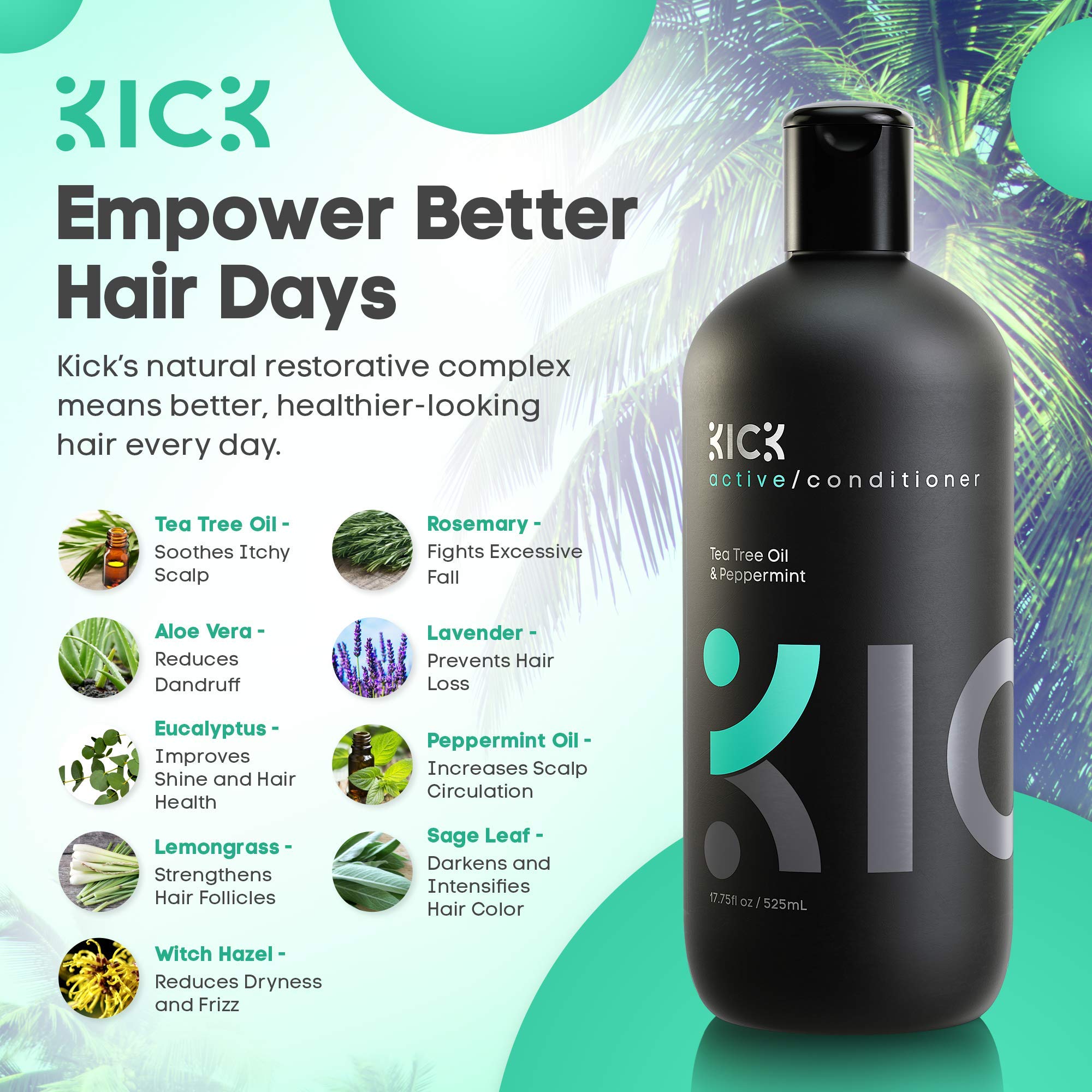 Kick Tea Tree Conditioner label highlights natural ingredients for daily use.