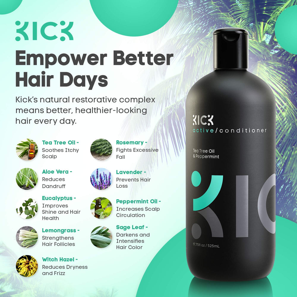 Kick Tea Tree Conditioner label highlights natural ingredients for daily use.