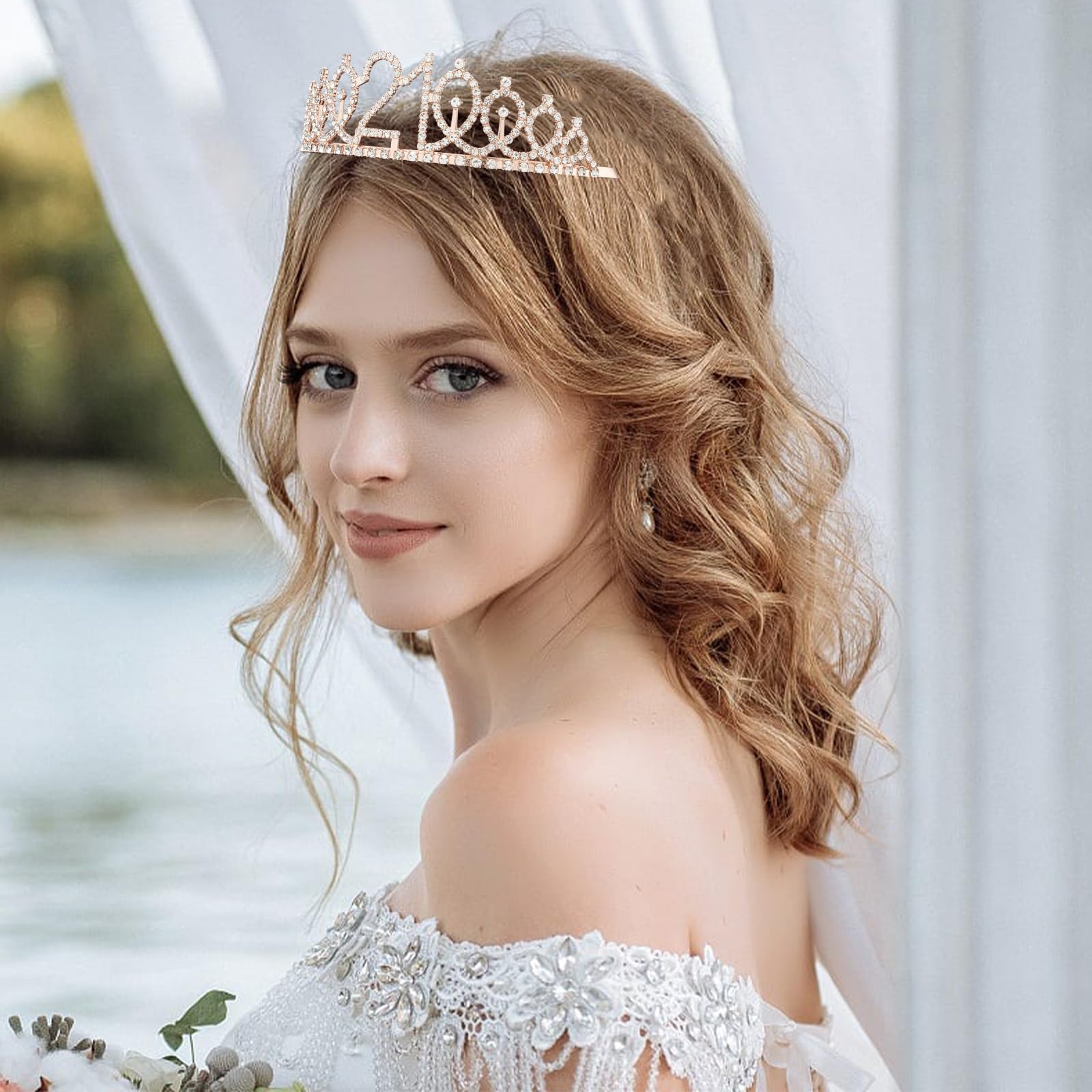 KICOSY rose gold tiara worn in a festive hairdo for photos.