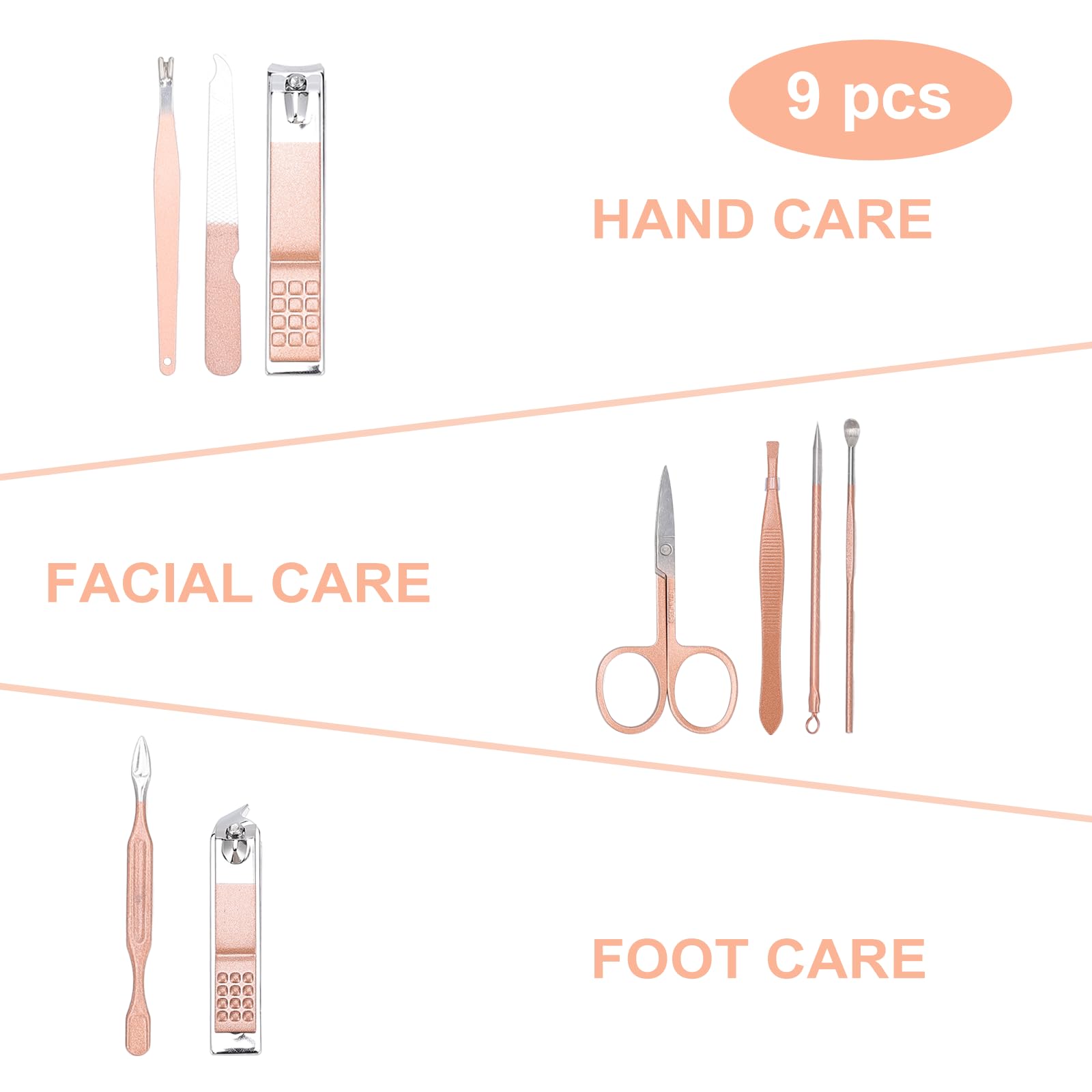 Kidoom 9-piece grooming tools laid out for hands, feet, and face.