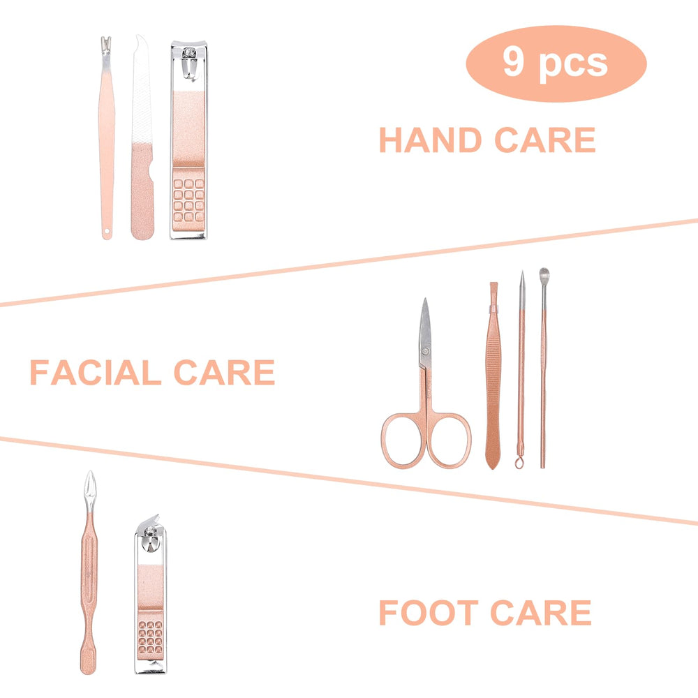Kidoom 9-piece grooming tools laid out for hands, feet, and face.