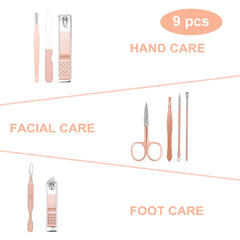 Kidoom 9-piece grooming tools laid out for hands, feet, and face.