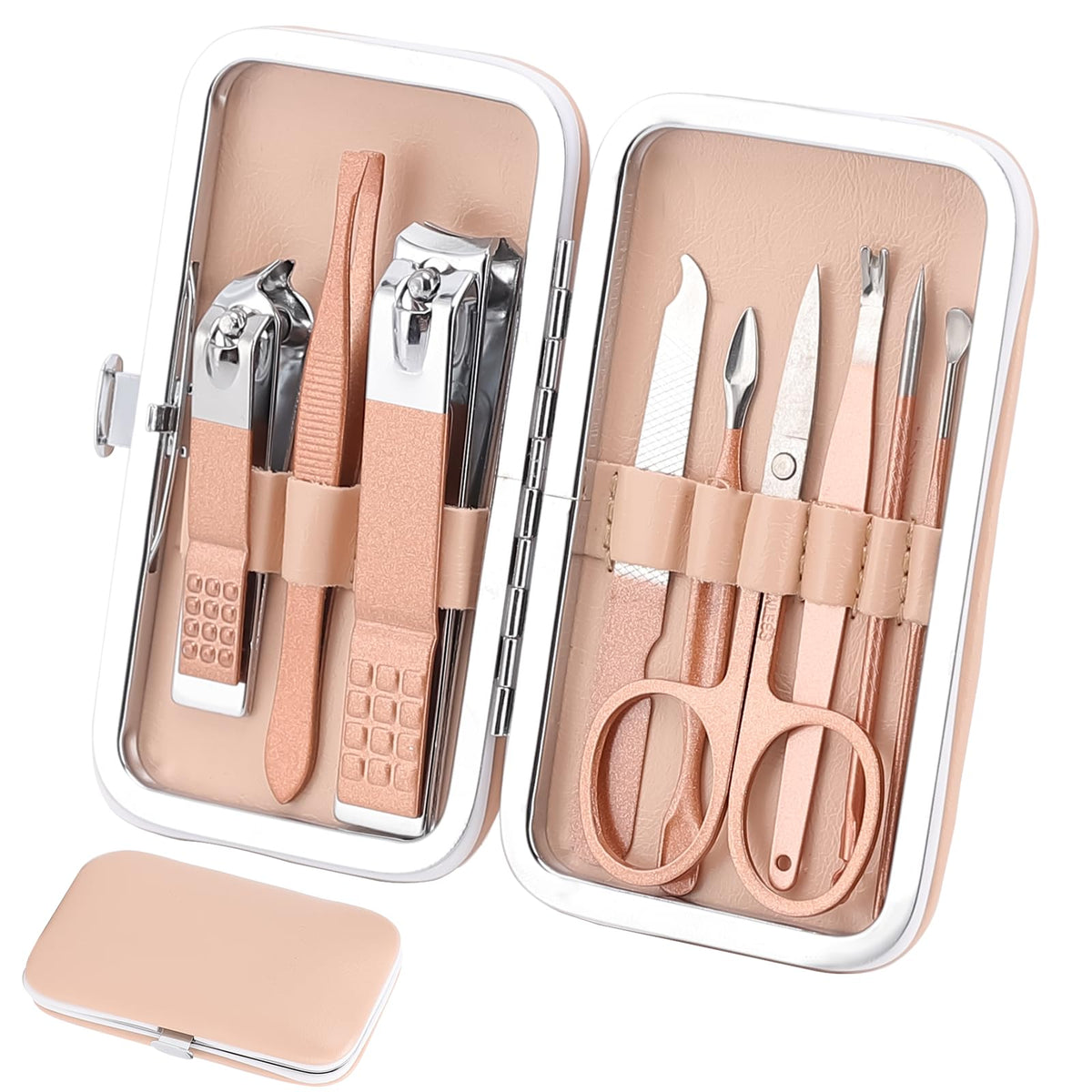 Kidoom manicure set in a rose-gold case, ideal for on-the-go grooming.