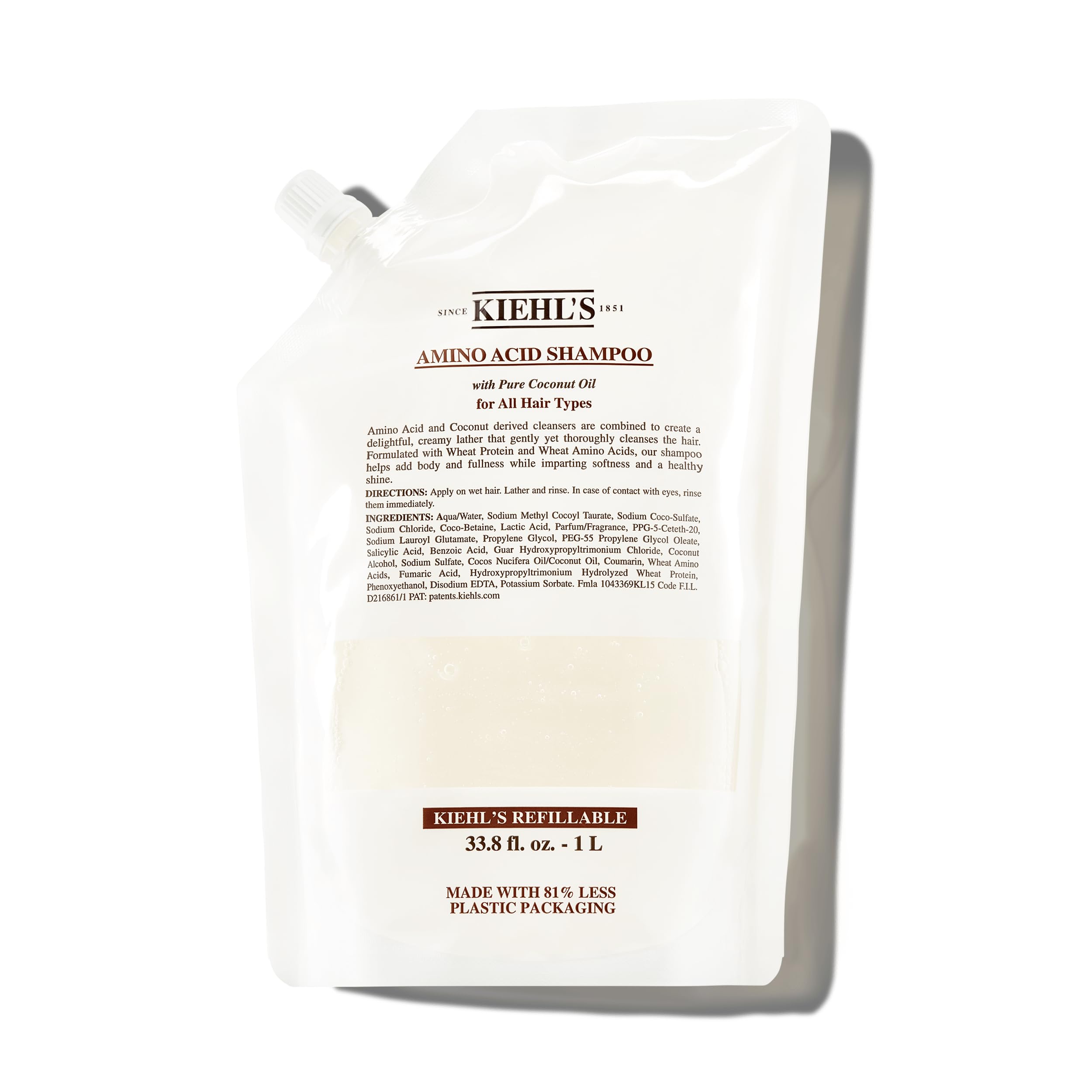 Kiehl's Amino Acid Shampoo bottle front, lightweight cleanse for all hair types.