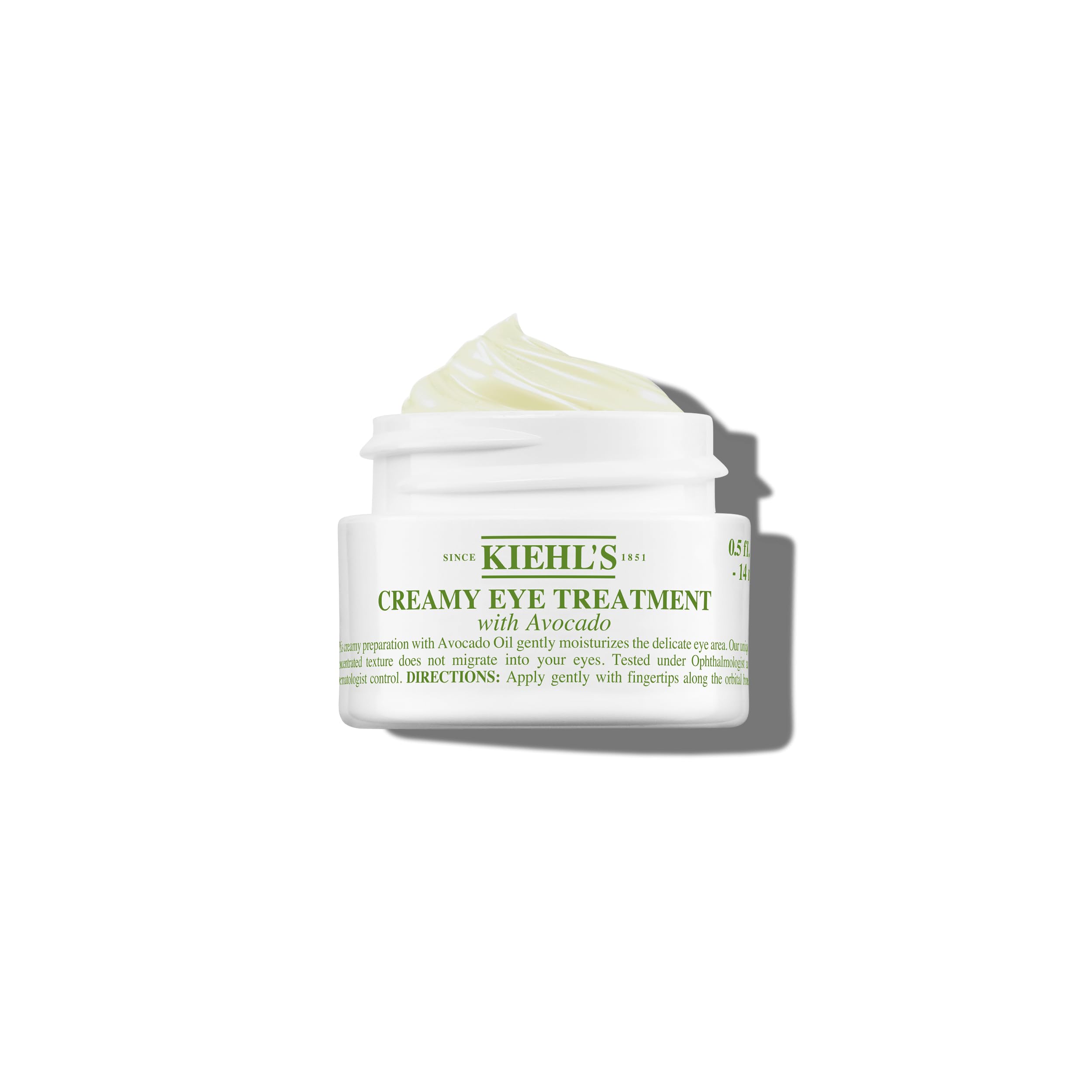 Kiehl's Avocado Eye Treatment jar close-up showing rich hydration for tired eyes.