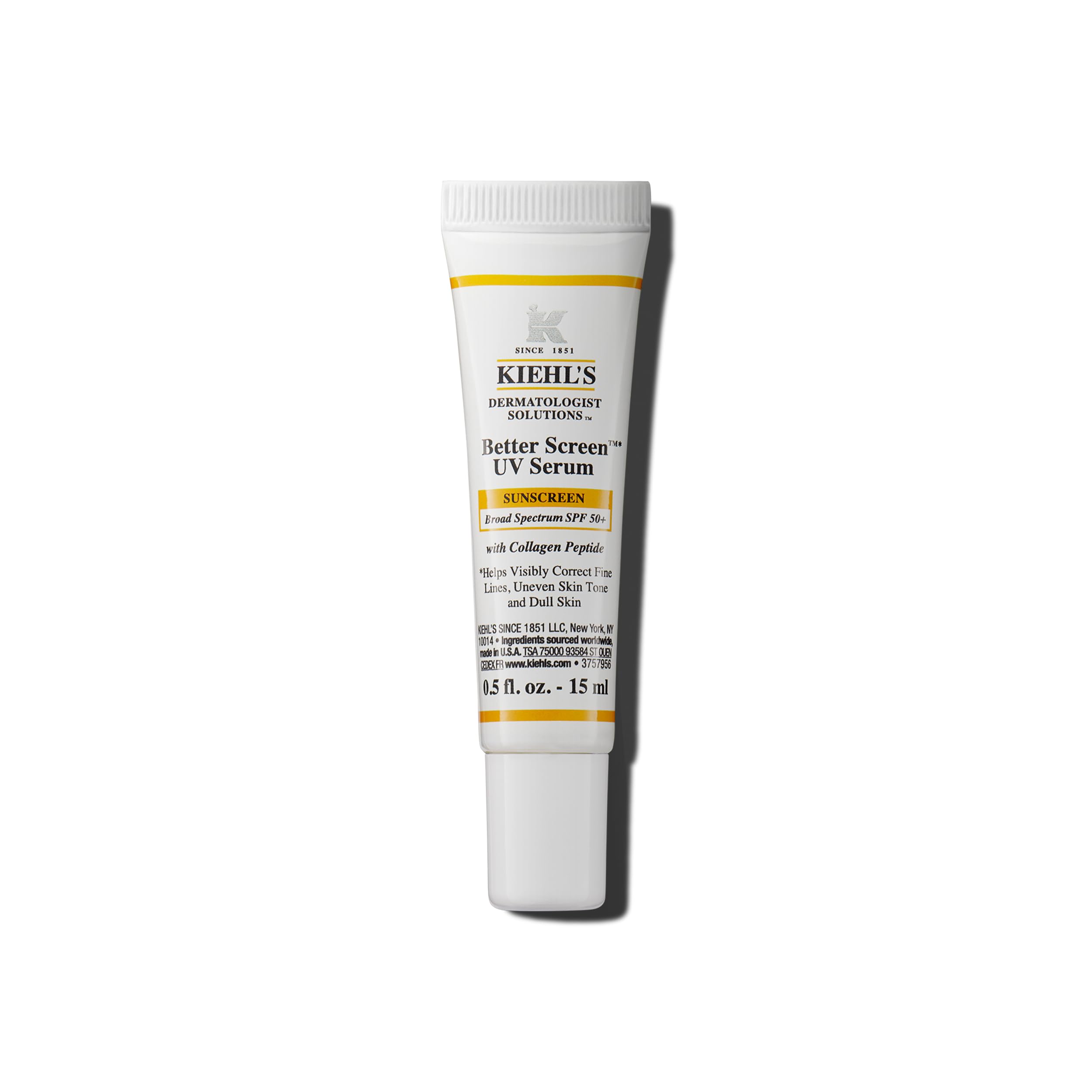 Kiehl's Better Screen UV Serum en botella de vidrio, protección UVA/UVB y acabado invisible.