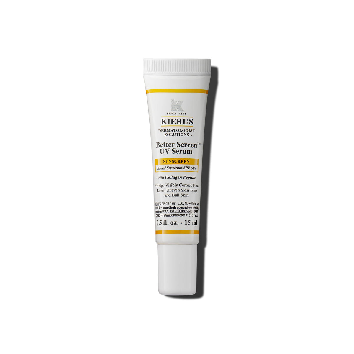 Kiehl's Better Screen UV Serum en botella de vidrio, protección UVA/UVB y acabado invisible.