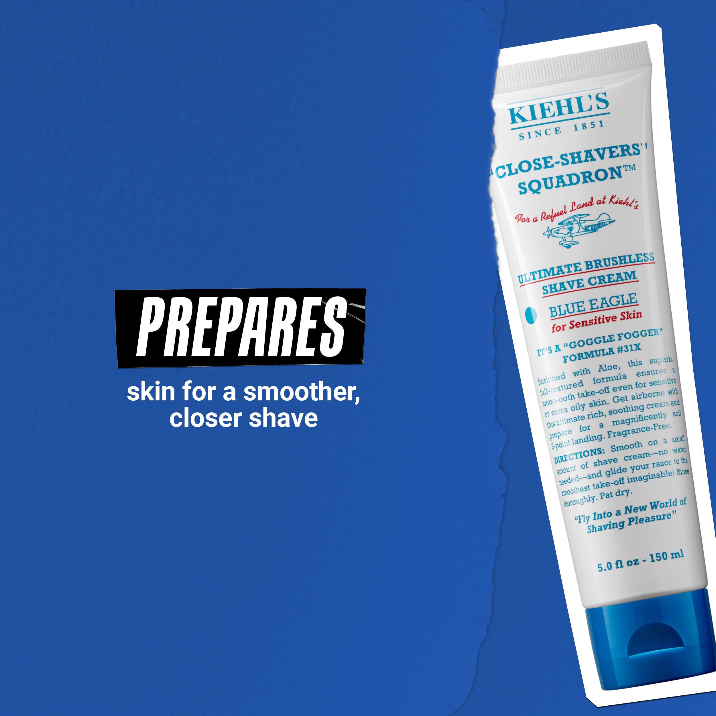 Kiehl's shave cream on dry skin demonstrates a no water needed pre-shave.