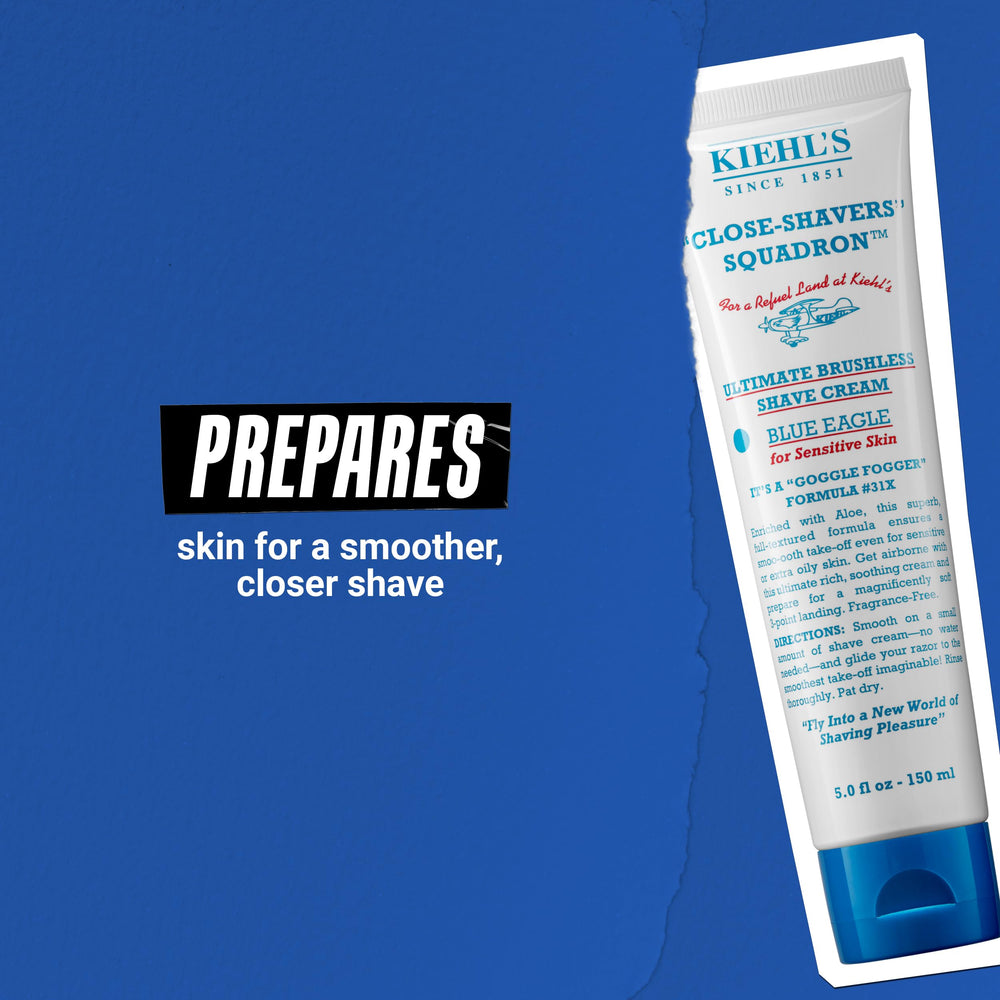 Kiehl's shave cream on dry skin demonstrates a no water needed pre-shave.