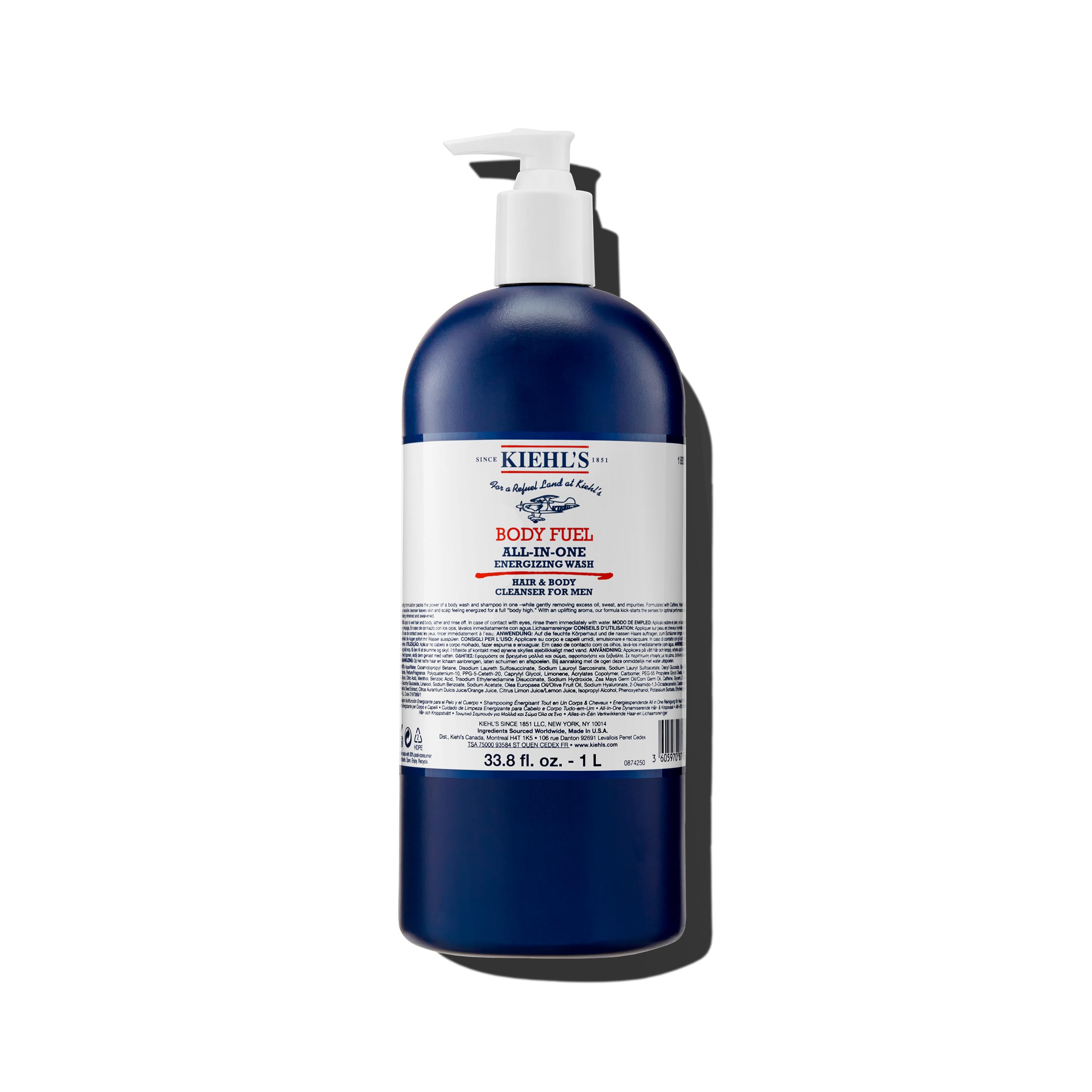 Kiehl's Body Fuel bottle pour delivers quick energizing cleanse for skin and hair.