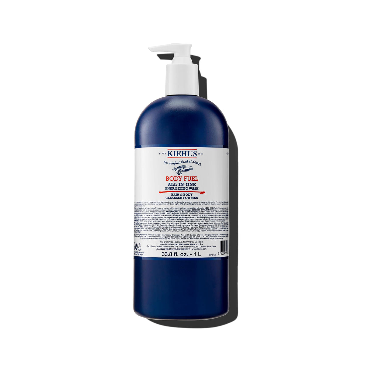 Kiehl's Body Fuel bottle pour delivers quick energizing cleanse for skin and hair.