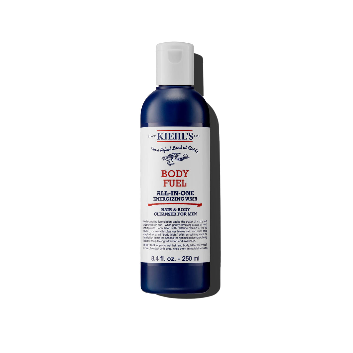 Kiehl's Body Fuel bottle pour shows easy head-to-toe cleansing.