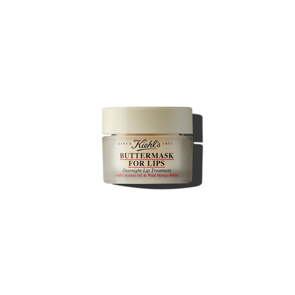 Kiehl's Buttermask Lips jar showing overnight hydration for softer lips by morning.