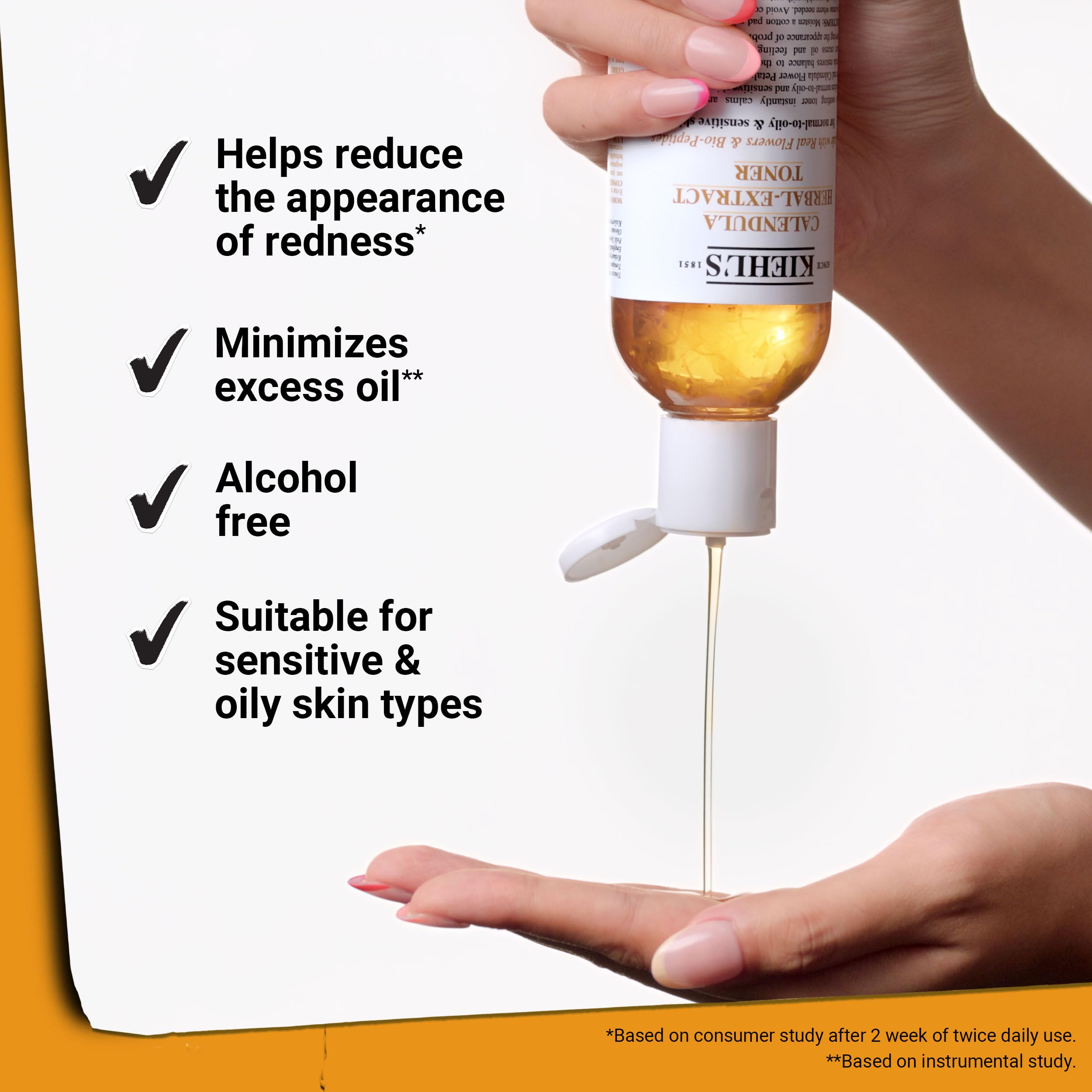 Kiehl's Calendula toner packaging emphasizes fragrance-free, dye-free formula.