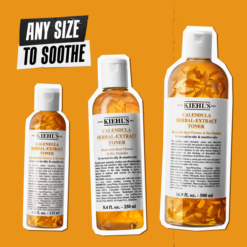 Kiehl's Calendula toner applied to face supports balanced, non-comedogenic skin.