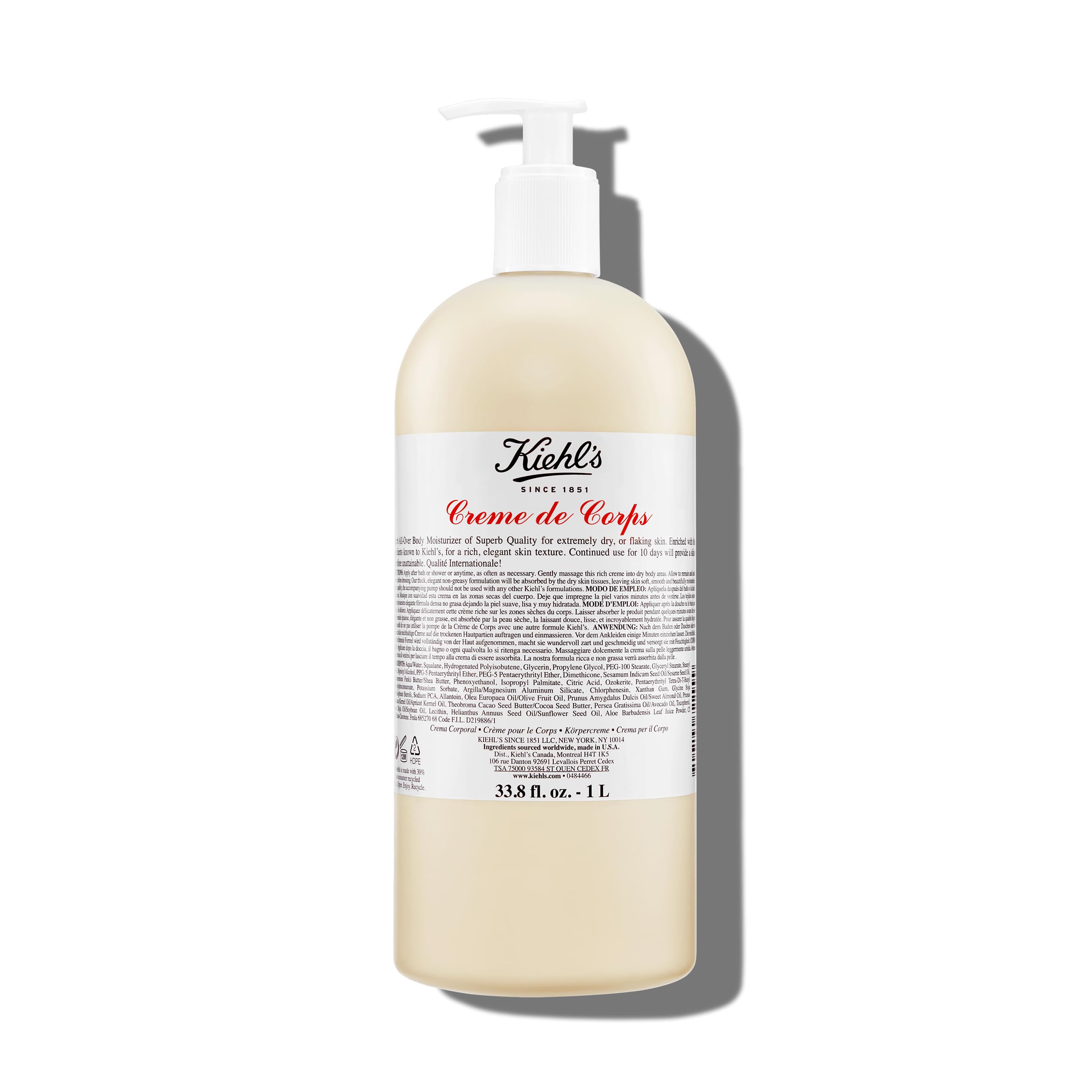 Kiehl's Creme de Corps Rich bottle pump delivering fast-absorbing hydration.