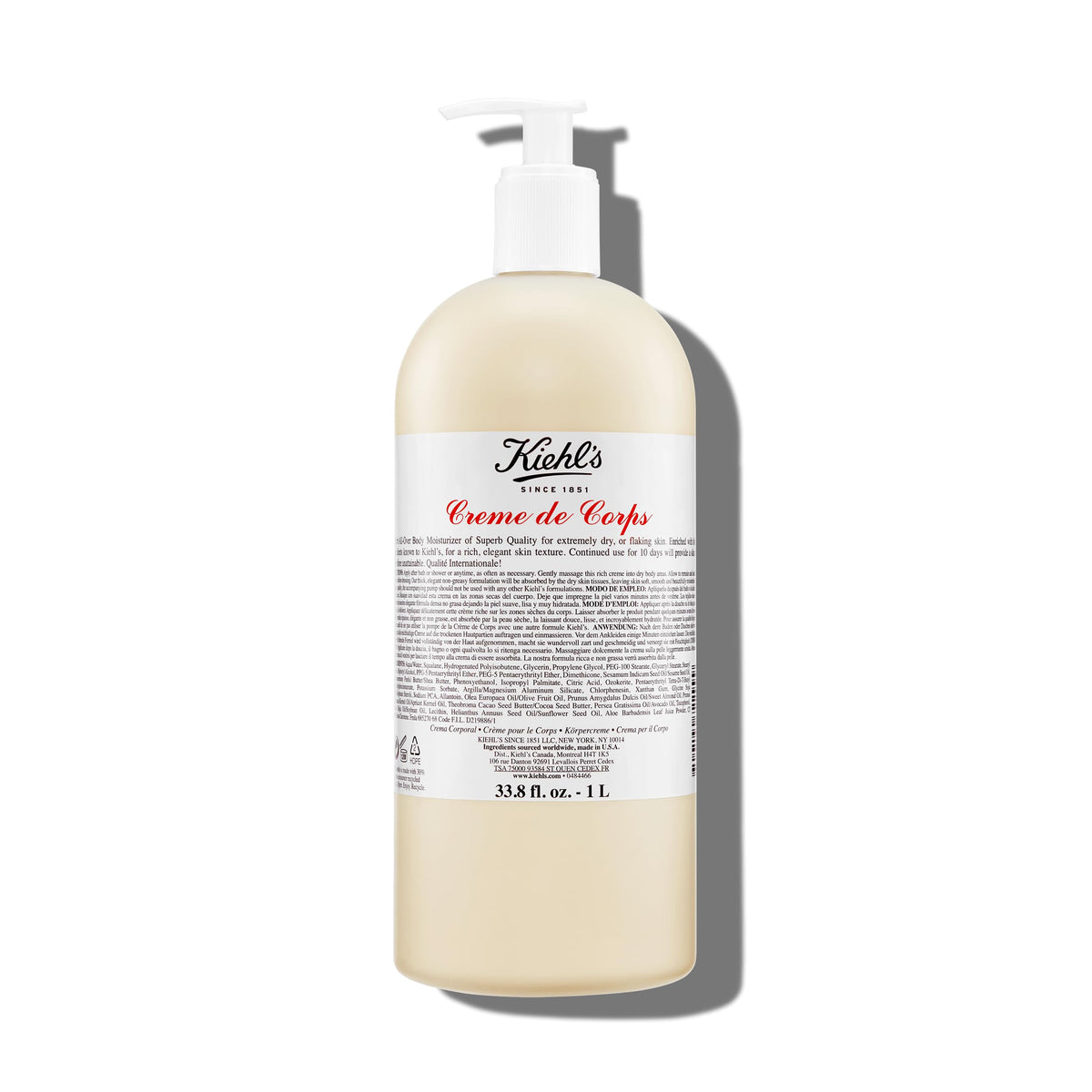 Kiehl's Creme de Corps Rich bottle pump delivering fast-absorbing hydration.