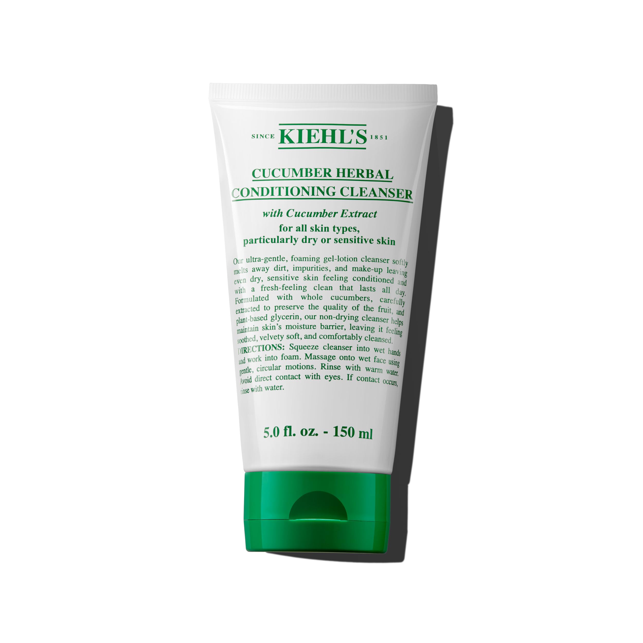 Kiehl's cucumber herbal conditioning cleanser bottle front, showing gentle cleansing action for dry and sensitive skin