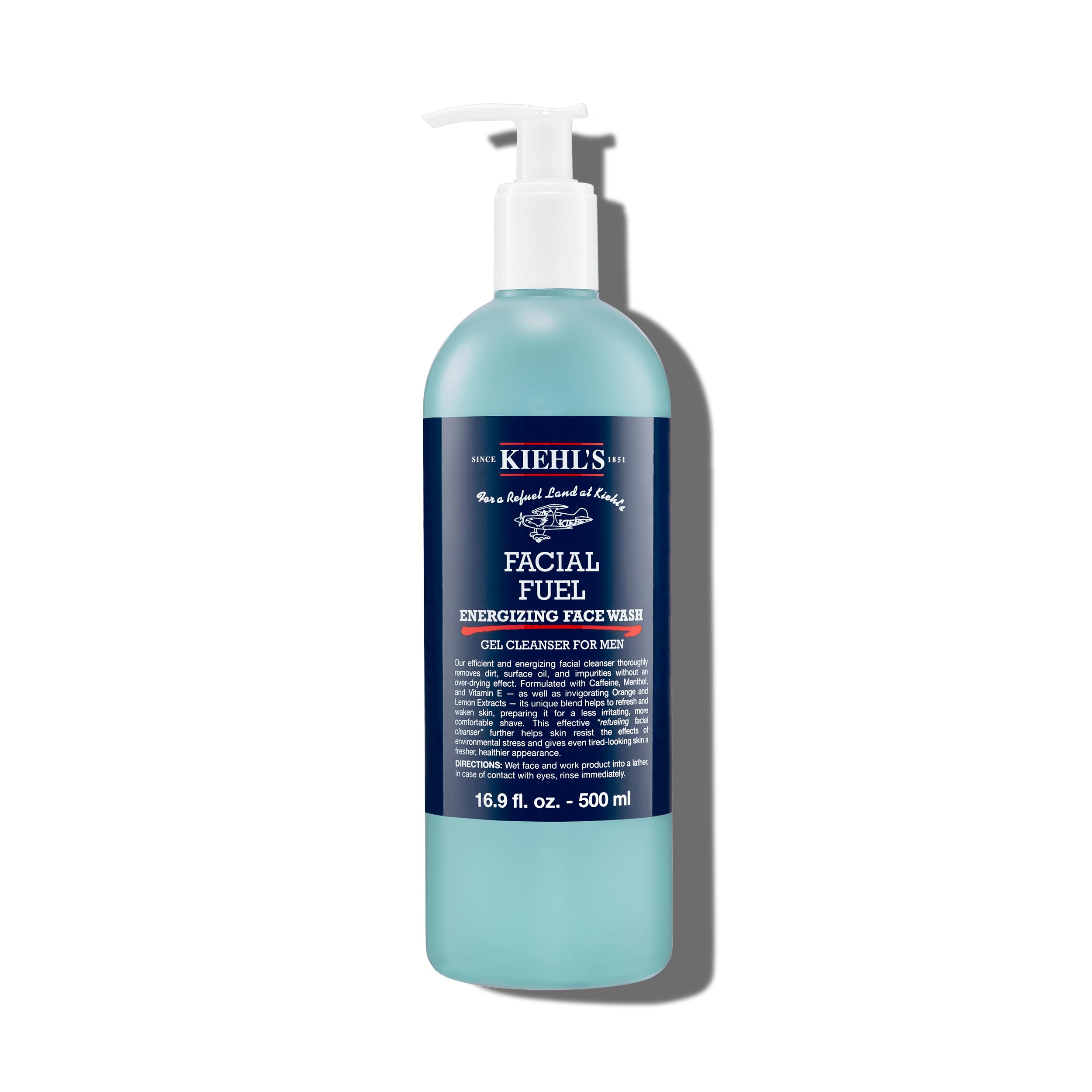 Kiehl's Facial Fuel bottle pour demonstrates a quick-refreshing cleanse for busy mornings.