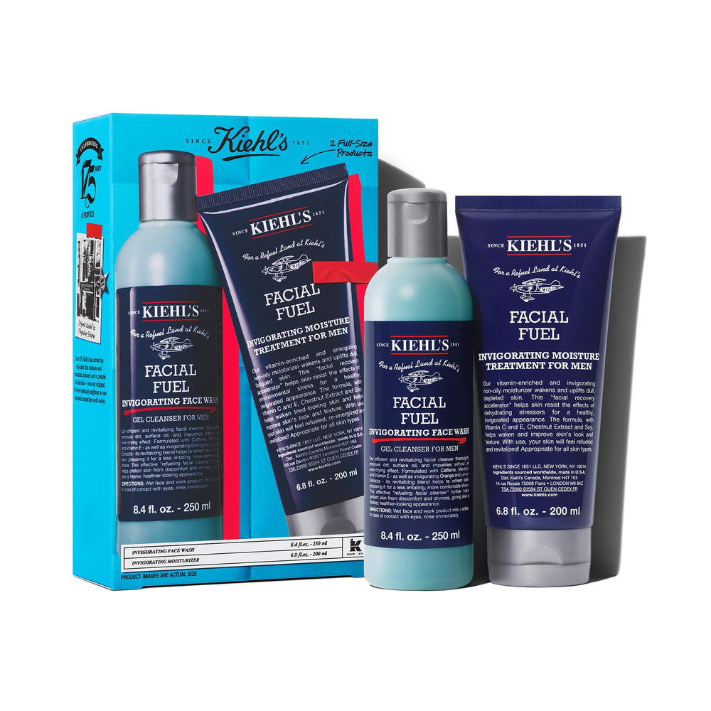 Kiehl's Facial Fuel Cleanser bottle showing a refreshing gel formula for energized morning skin.