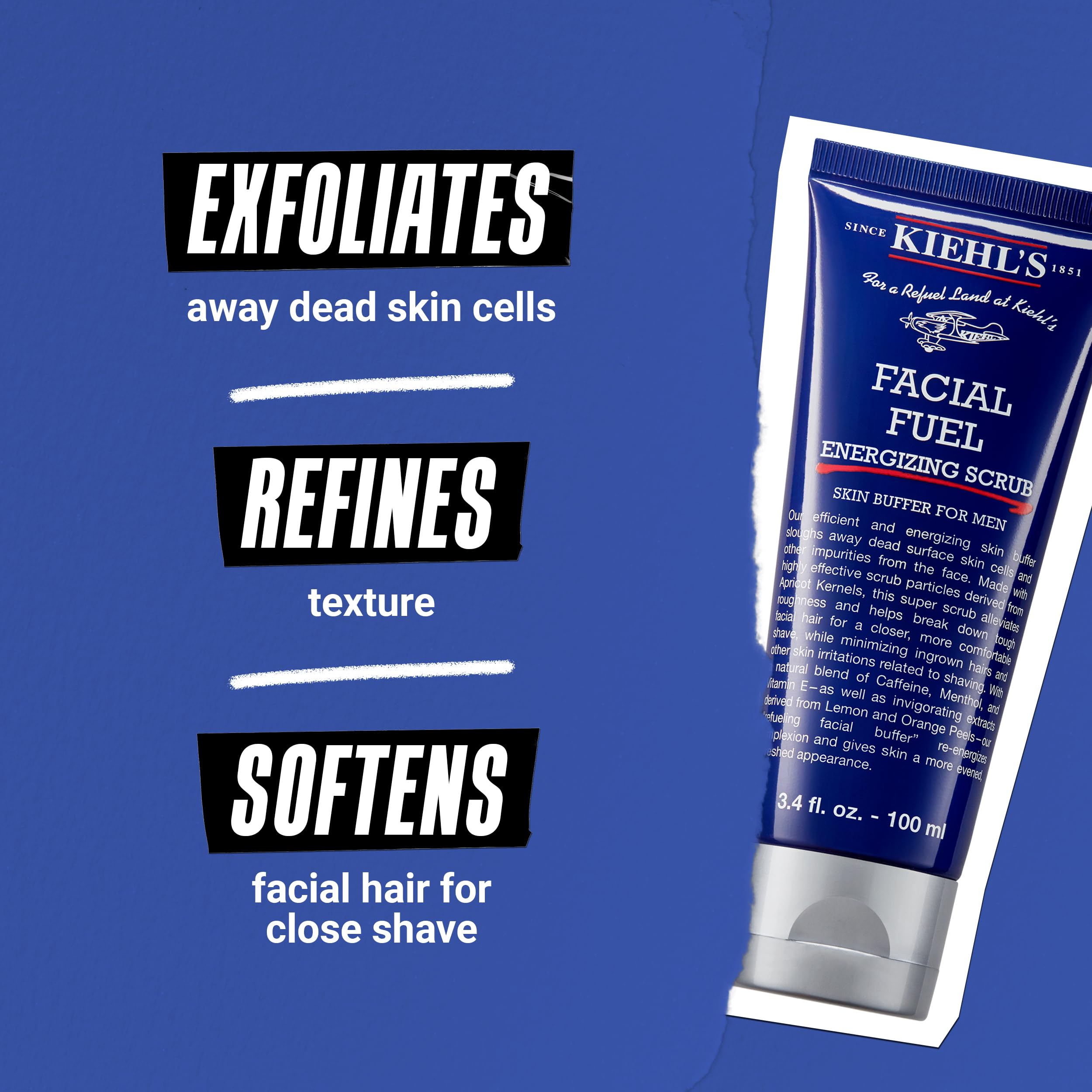 Kiehl's Facial Fuel Exfoliating Scrub citrus extracts beside apricot kernel beads.