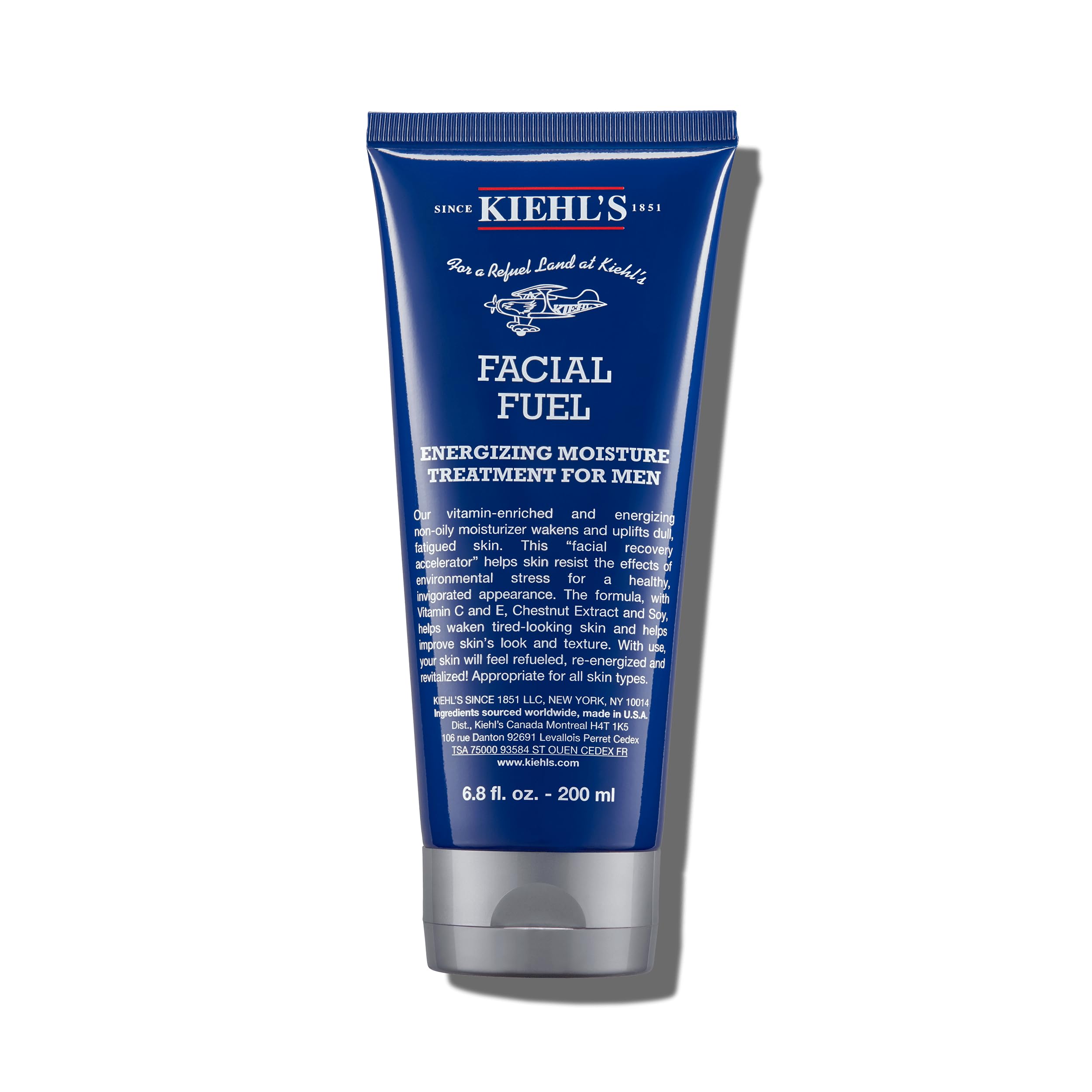 Kiehl's Facial Fuel moisturizer jar close-up highlighting energizing formula for dull skin.