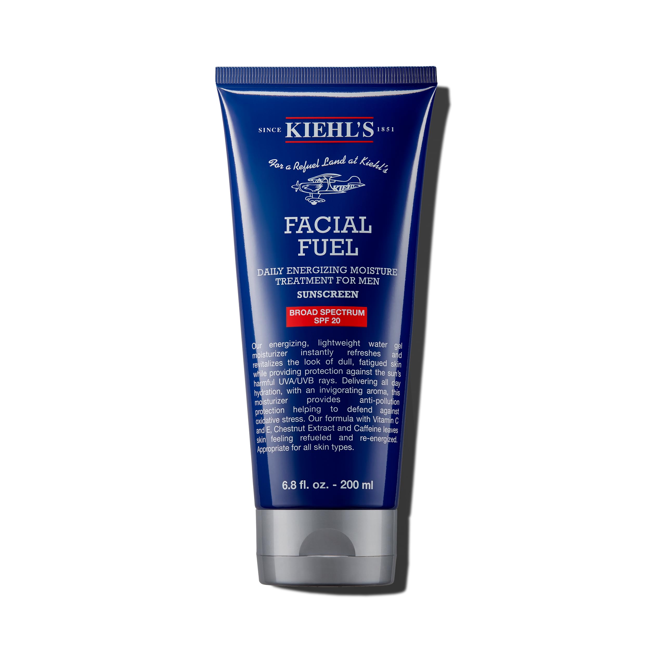 Kiehl's Facial Fuel moisturizer bottle with SPF 20 for energizing daily hydration.